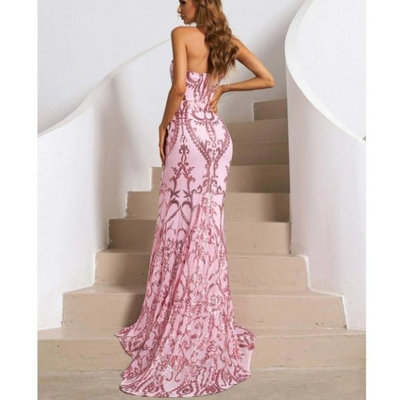 Formal Sequin detail Maxi Dress with train Pink - Picture 3 of 15